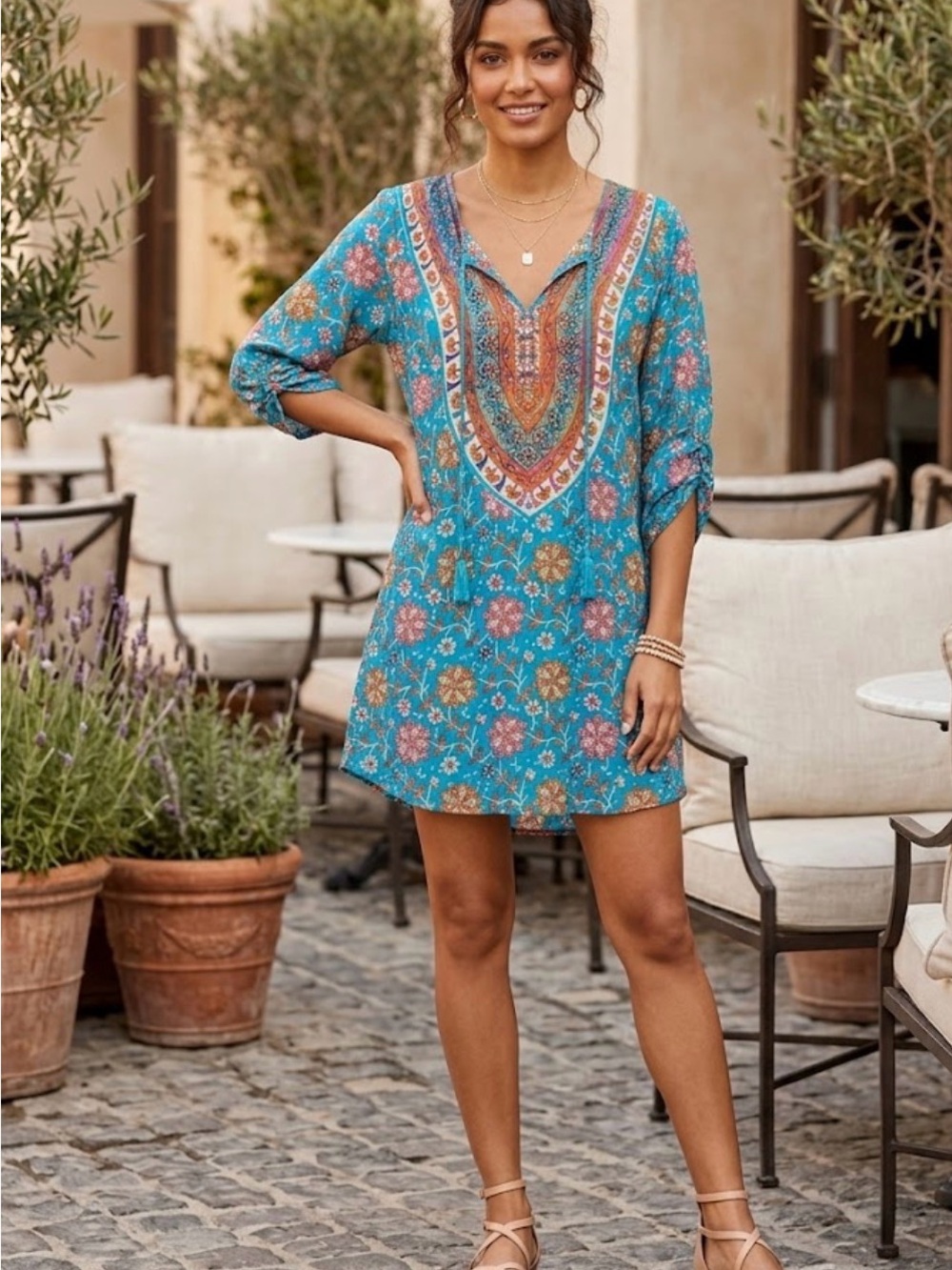 Tolani 100%Silk Teal Floral Blouse with Orange and Purple Accents